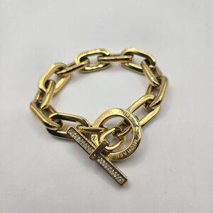 Michael Kors Gold-Tone Chunky Link Toggle Cityscape Bracelet Pave Accents